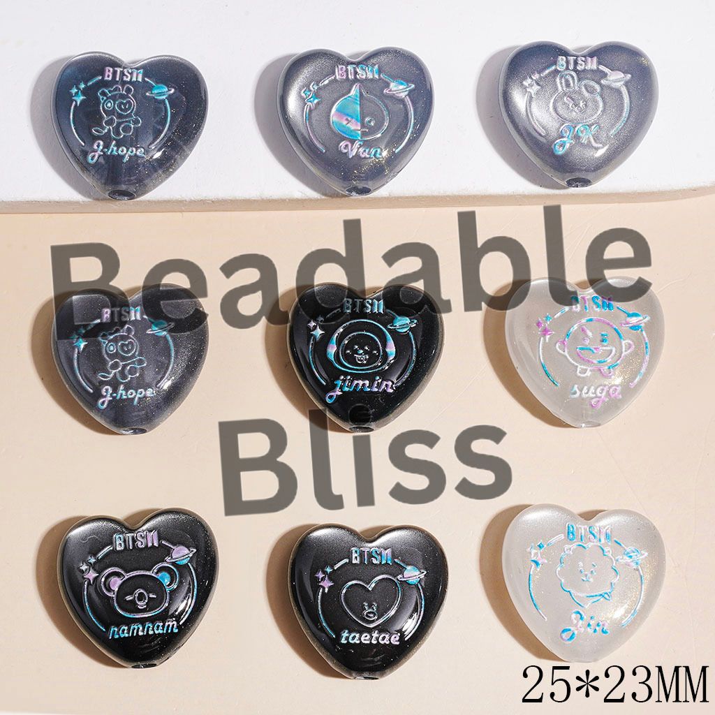 Acrylic Beads Heart with Korea Boy Group Image Character Planet Series and Glitter, 25*23MM Random Mix