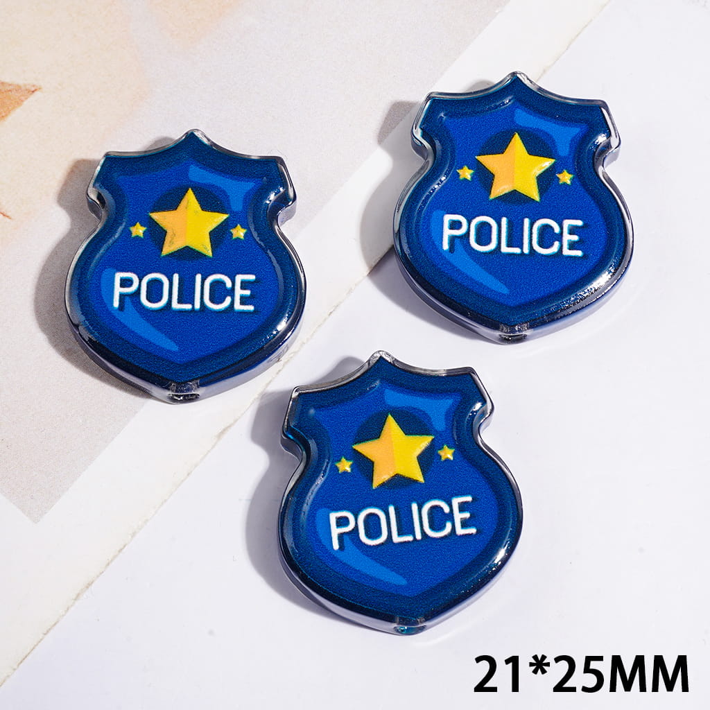 Blue Police Badge with Yellow Star Acrylic Beads, 21*25MM, Semi-Clear