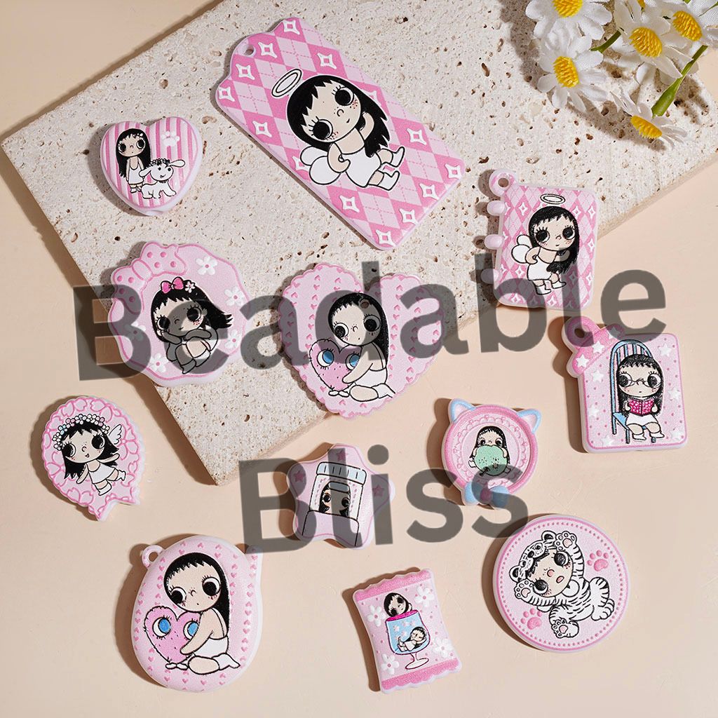 Acrylic Beads and Pendants Big Eyes Girl Character in Pink Series, Random Mix