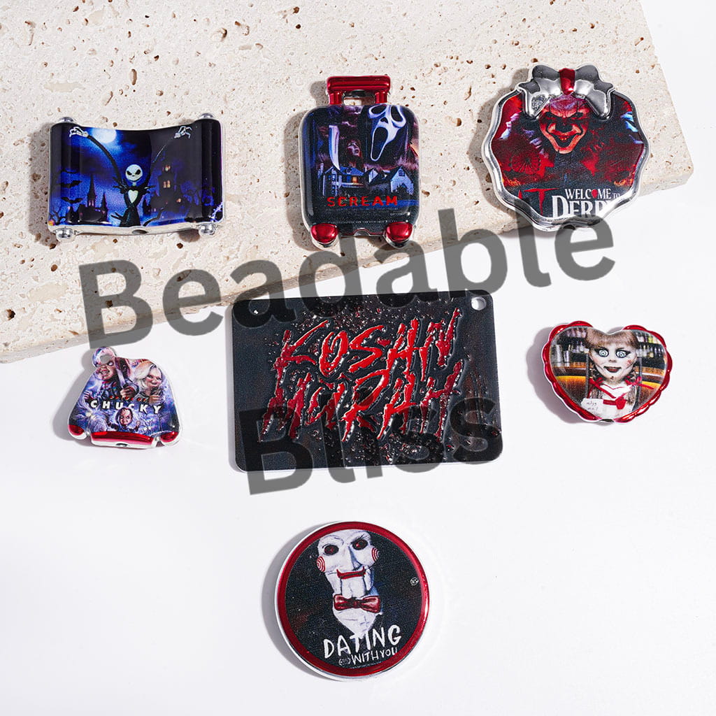 Acrylic Beads and Pendants with Horror Character, Silver Border