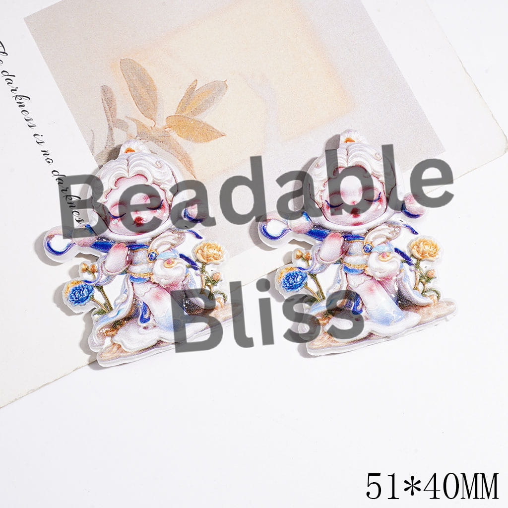 Elegant Baby Doll Acrylic Beads, Girl Wearing Queen Ceremonial Dress on Blue Yellow Peony Flower Background, 51*40MM