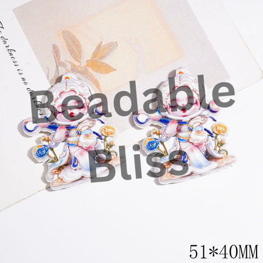 Elegant Baby Doll Acrylic Beads, Girl Wearing Queen Ceremonial Dress on Blue Yellow Peony Flower Background, 51*40MM