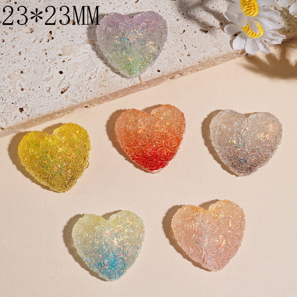 Acrylic Beads Heart with Matte Frosted Rose Flowers, 23*23MM, Valentine's Day Theme, Multi-Color, Random Mix