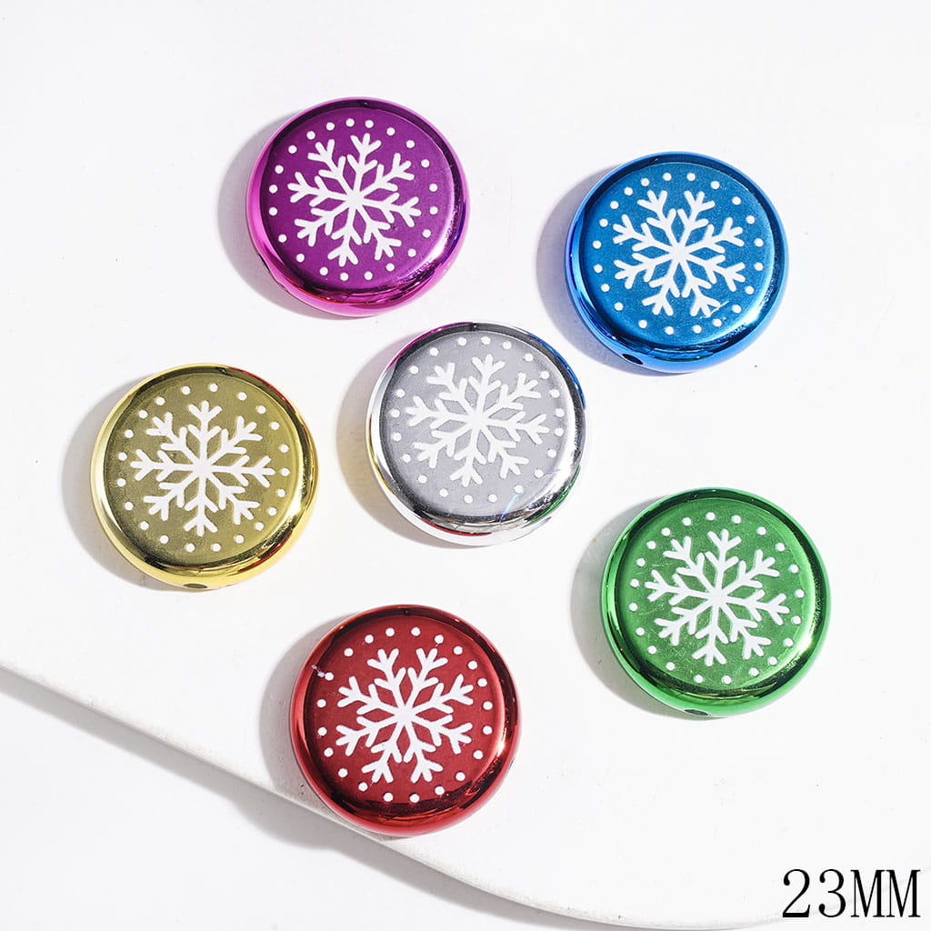 Snowflake Series Acrylic Beads, Flat Round Shape, Metallic Color, 16MM, Multi-Color Random Mix