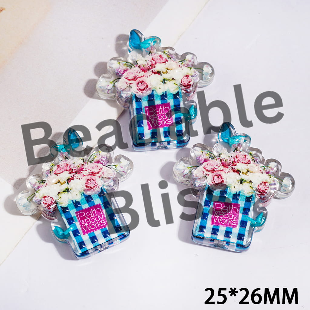 Acrylic Beads Blue White Plaid Square Paper Bag with Pink Rose Lisianthus Butterfly, 25*26MM