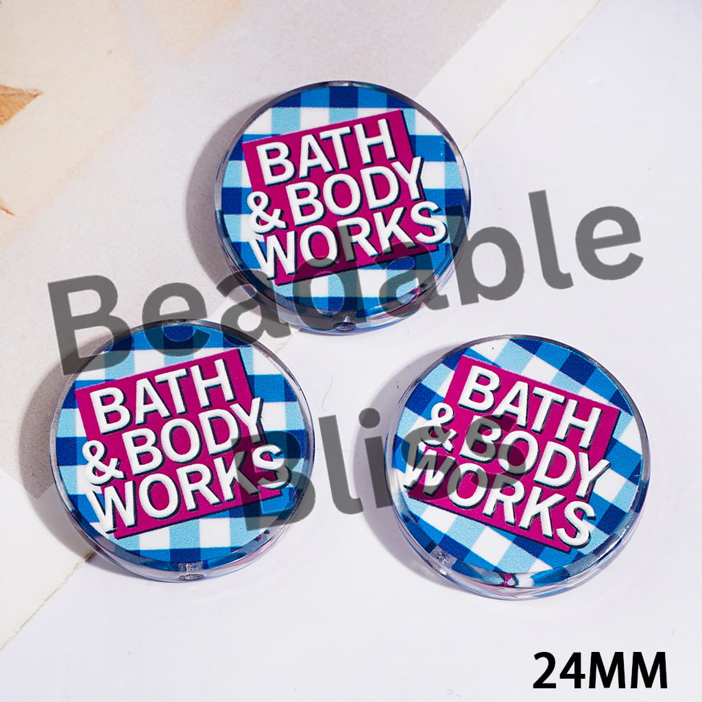 24MM Home Fragrance Style Acrylic Beads, Rose Pink Square & Blue White Plaid Background, Flat Round Shape