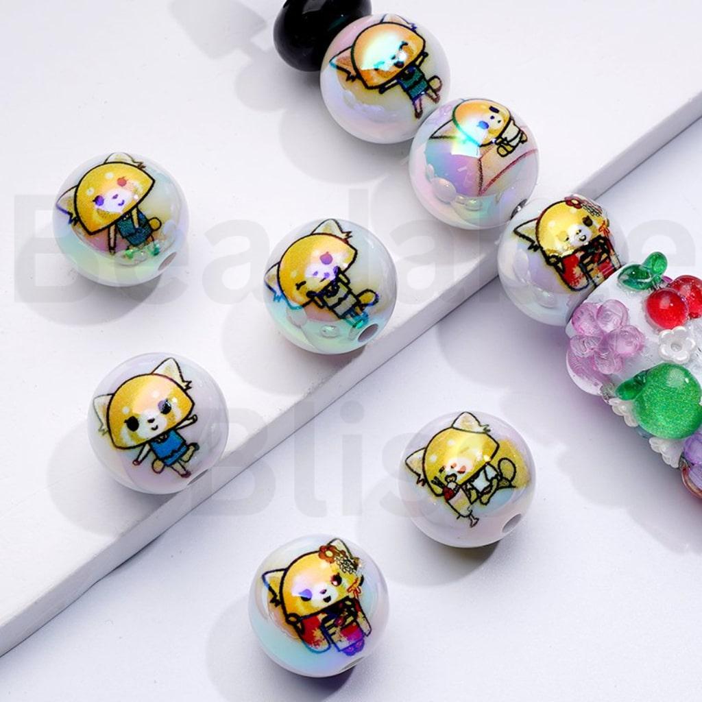 UV Coating Cute Aggretsuk Sanri White Round Acrylic Beads, 16MM, Random Mix