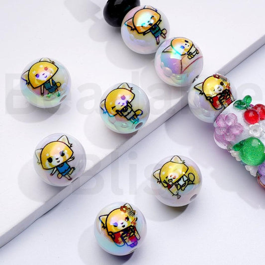 UV Coating Cute Aggretsuk Sanri White Round Acrylic Beads, 16MM, Random Mix