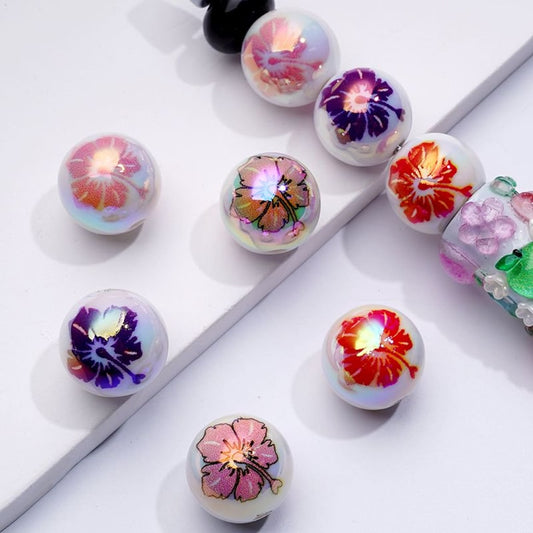 UV Coating Colorful Large Flowers Leaves White Round Acrylic Beads, 16MM, Random Mix
