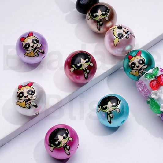 Glossy Powerpuf Girls Colorful Round Acrylic Beads, 16MM, Random Mix
