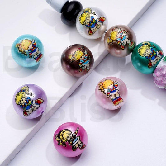 Glossy Cute Girl Rainbow Brit Colorful Round Acrylic Beads, 16MM, Random Mix