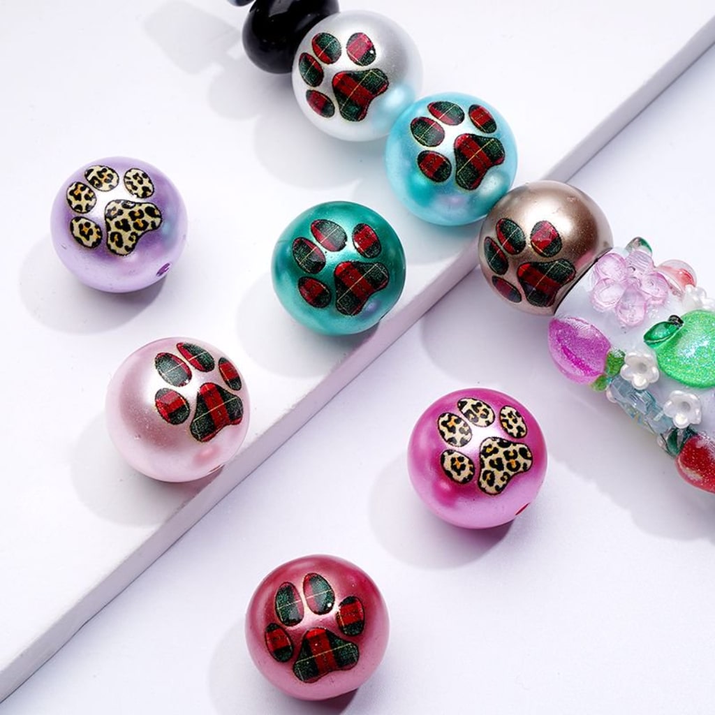 Glossy Cute Paw Prints Colorful Round Acrylic Beads, 16MM, Random Mix