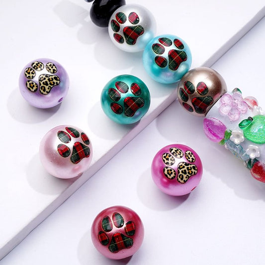Glossy Cute Paw Prints Colorful Round Acrylic Beads, 16MM, Random Mix