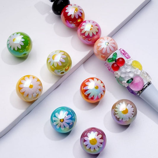 UV Coating Cute Flowers Colorful Round Acrylic Beads, 16MM, Random Mix