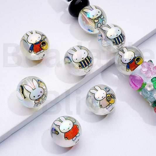 UV Coating Cute Bunny Rabbit Miff Clear Round Acrylic Beads, 16MM, Random Mix