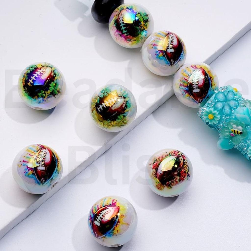 UV Coating American Football White Round Acrylic Beads, 16MM, Random Mix