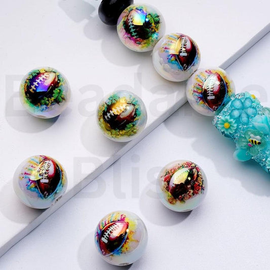 UV Coating American Football White Round Acrylic Beads, 16MM, Random Mix