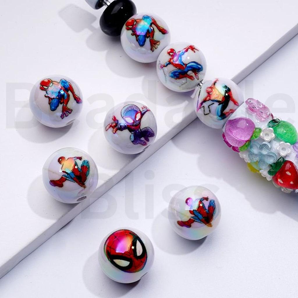UV Coating Spide Ma Marve White Round Acrylic Beads, 16MM, Random Mix