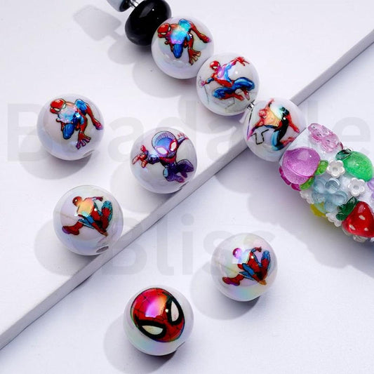 UV Coating Spide Ma Marve White Round Acrylic Beads, 16MM, Random Mix