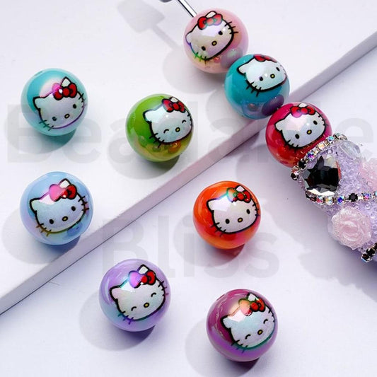 UV Coating Cute Sanri HK Kitten Colorful Round Acrylic Beads, 16MM, Random Mix