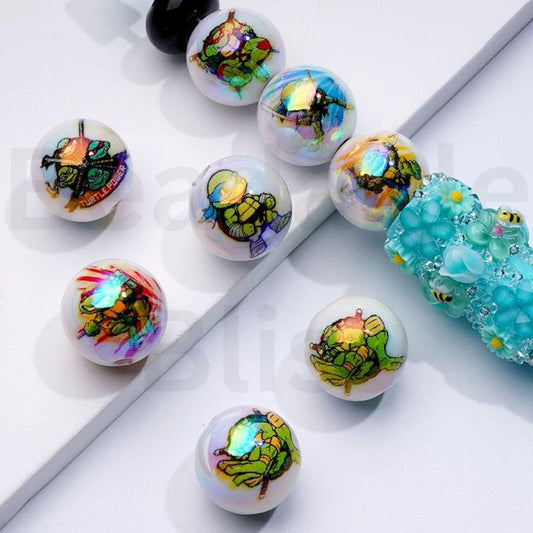 UV Coating Teenage Mutant Ninj Turtl White Round Acrylic Beads, 16MM, Random Mix