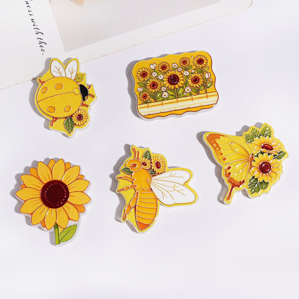 Acrylic Beads Sunflower Ladybug Bee Butterfly Series in Light Yellow, Random Mix