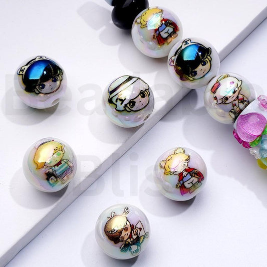 UV Coating Cute Boy Girl Baby White Round Acrylic Beads, 16MM, Random Mix