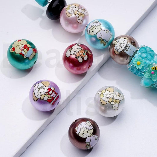 Glossy Cute Bear Bunny Colorful Round Acrylic Beads, 16MM, Random Mix