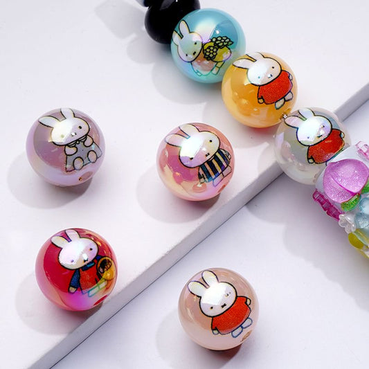 UV Coating Cute Miff Bunny Colorful Round Acrylic Beads, 16MM, Random Mix