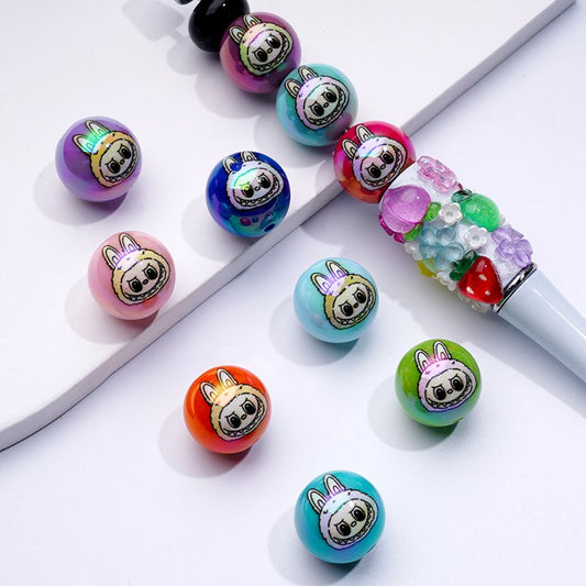 UV Coating Cute Labub Pop Mar Colorful Round Acrylic Beads, 16MM, Random Mix