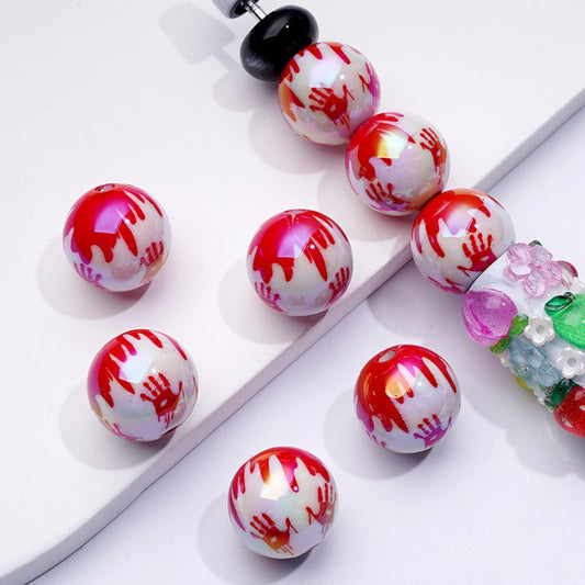 UV Coating Horror Bloody Hand Prints Halloween White Round Acrylic Beads, 16MM, Random Mix
