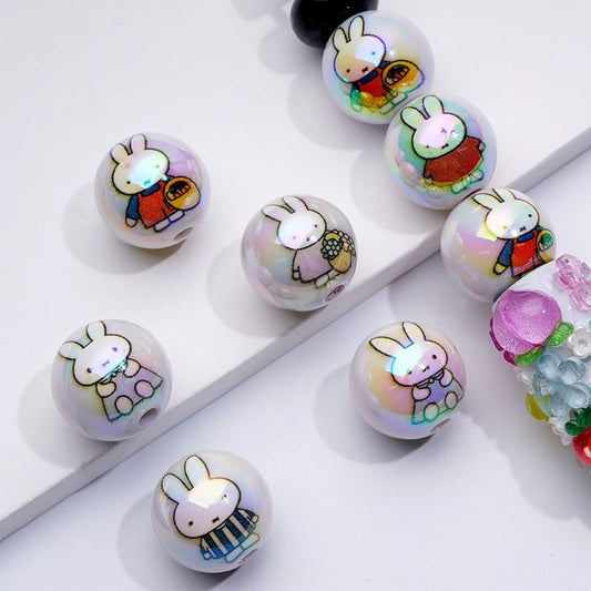 UV Coating Cute Bunny Rabbit Miff White Round Acrylic Beads, 16MM, Random Mix