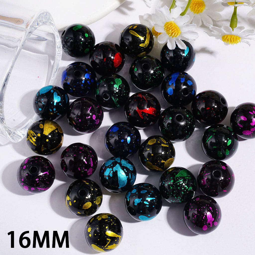 16MM - Black Acrylic Beads for Bracelets and Necklace, with Glitter and Splash-Ink Spots Effect, Multi-Color, Random Mix