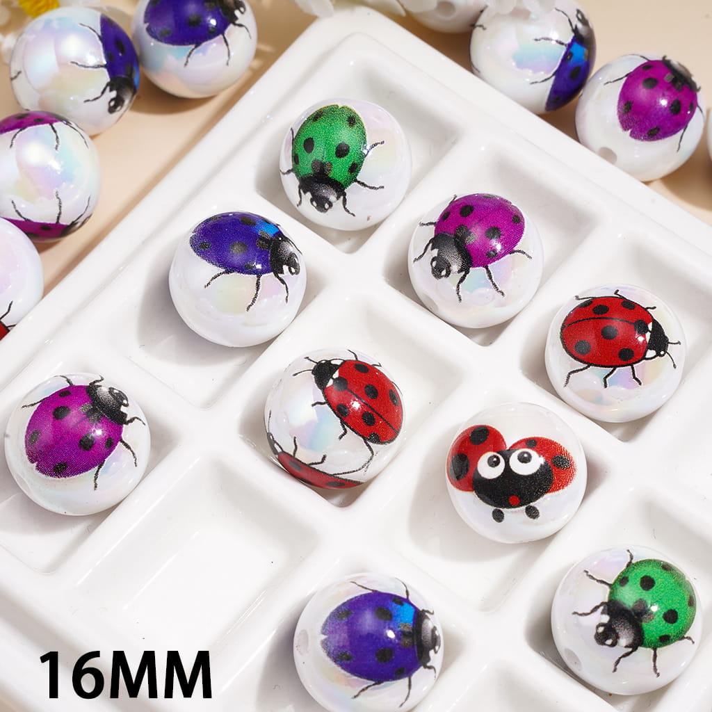 UV Coating Acrylic Beads for Bracelet w Ladybug Print Design, 16MM, Random Mix