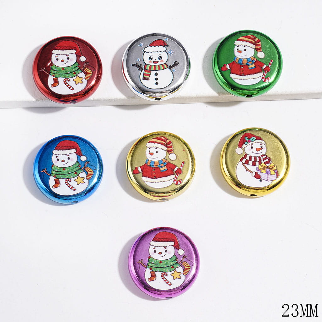 Acrylic Beads Metallic Finish Snowman in Diverse Style, Christmas Theme, Flat Round Shape, 23MM Multi-Color Random Mix