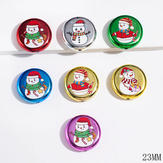 Acrylic Beads Metallic Finish Snowman in Diverse Style, Christmas Theme, Flat Round Shape, 23MM Multi-Color Random Mix