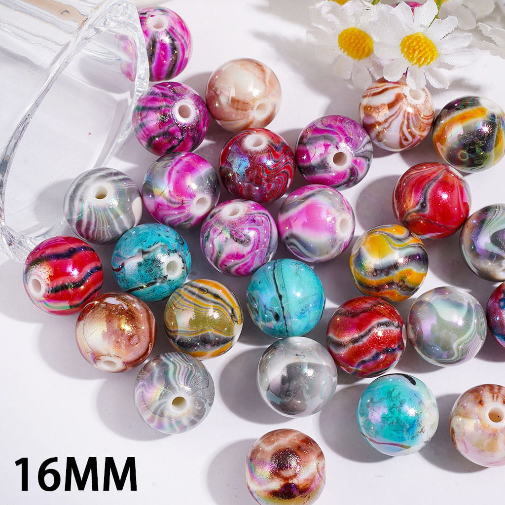 UV Coating Acrylic Beads for Bracelets or Necklaces, with Irregular Swirl Gradual Blending Marble Texture, 16MM, Multicolor, Random Mix