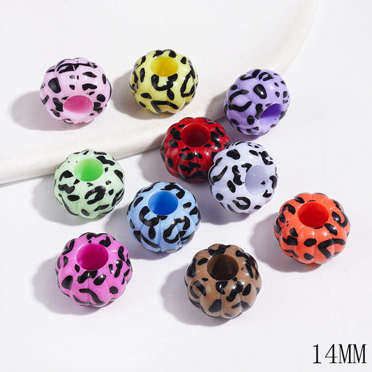 Halloweed Pumpkin with Black Jaguar Print Acrylic Beads, Big Hole Beads, 14MM, Multi-Color, Random Mix (The Hole Diameter is Around 6MM)