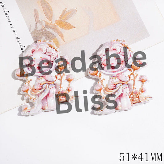 Elegant Baby Doll Acrylic Beads, Girl Standing on Golden Pink Rose Flower Shrubs Background, 51*41MM