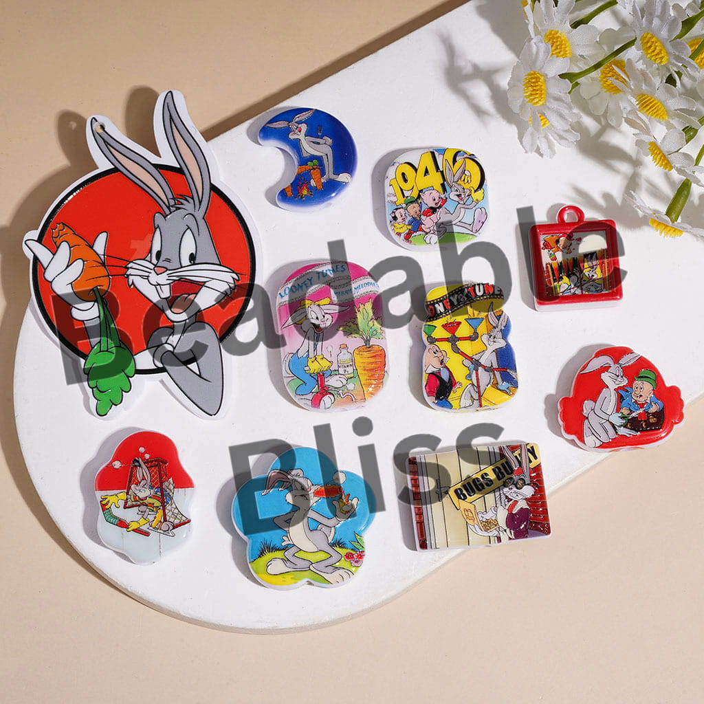Looney Bunny Pig Elder Man Cartoon Series Acrylic Beads and Pendants, Random Mix