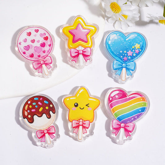 Cute Cartoon Style Lollipop with Bow Acrylic Beads, Heart Stars Round Shape, Random Mix