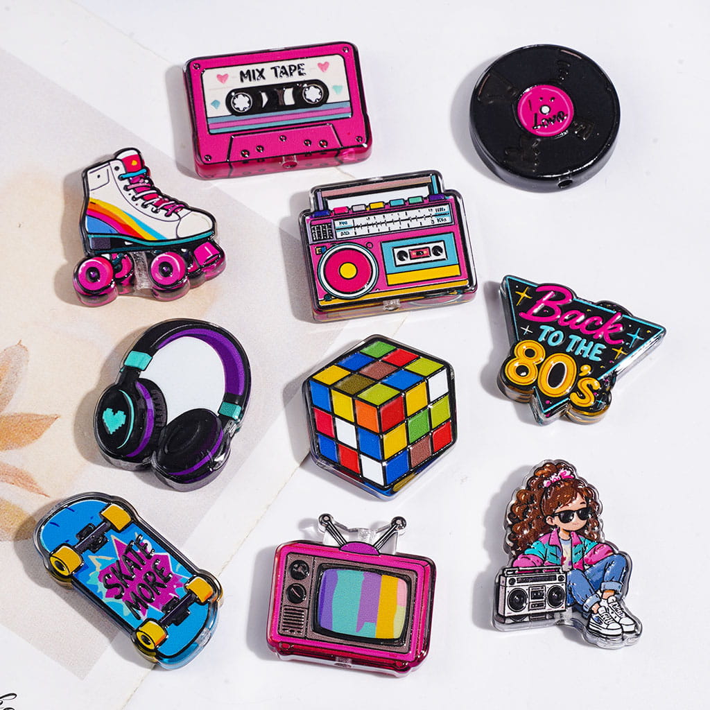 Semi-Clear Acrylic Beads Retro 1980s Nostalgic Theme, TV Video Headset Record Skateboarding Tape, Random Mix