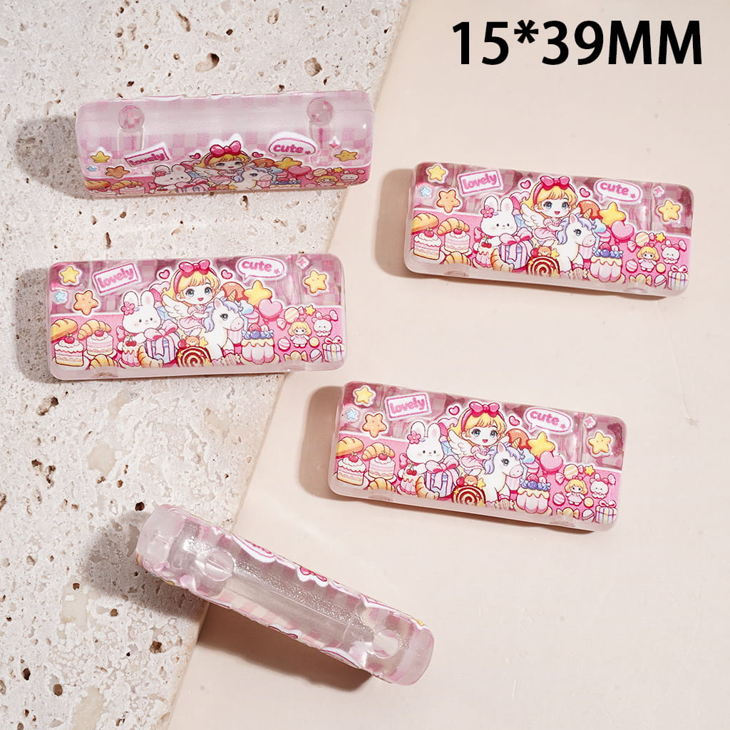 Cute Girl Unicorn Dessert Theme Acrylic Beads, Pink Rectangle Shape, Semi-Clear, Double Holes, 15*39MM
