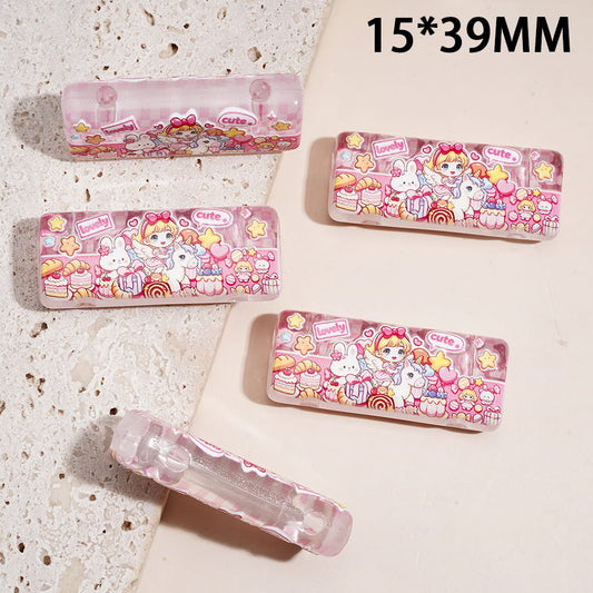 Cute Girl Unicorn Dessert Theme Acrylic Beads, Pink Rectangle Shape, Semi-Clear, Double Holes, 15*39MM