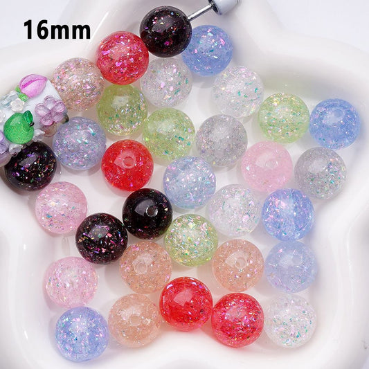 Assorted colorful glittery beads on a white background with '16mm' text.

