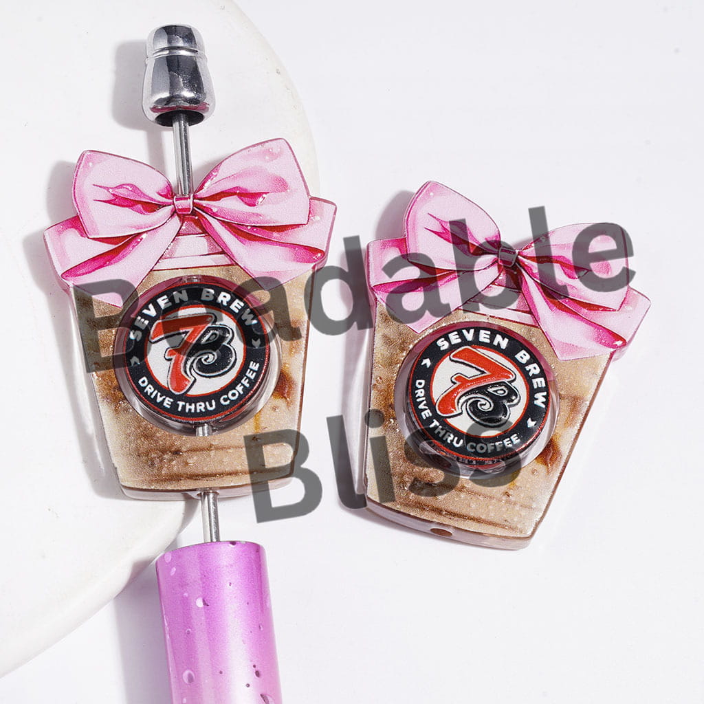 Hollowed Cup with Pink Bowtie and Flat Round Piece Acrylic Beads, Coffee Theme, Semi-Clear (Please Read the Description)