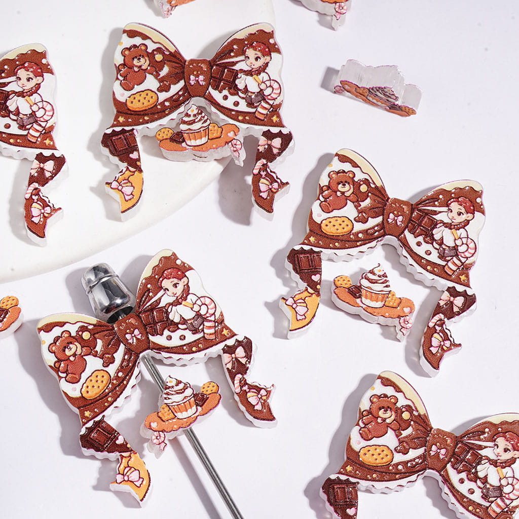 Acrylic Beads Dessert Theme Chocolate Girl Patterns Bow and Cupcake Piece, Brown Series (Please Read Description)