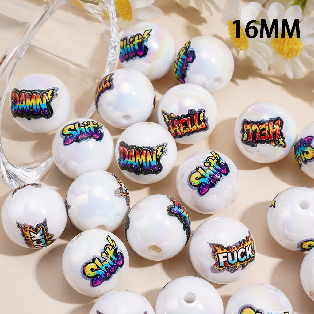 UV Coating Acrylic Beads for Bracelets w Humor Word Print Design, 16MM, Random Mix