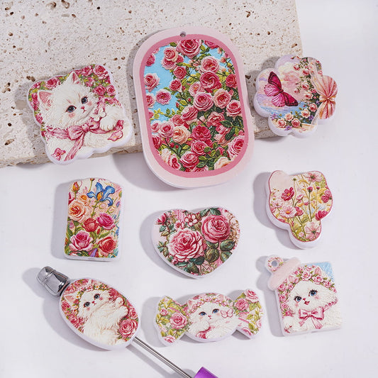Acrylic Beads Pendants with Beautiful Kitten and Rose Flowers Series, Random Mix