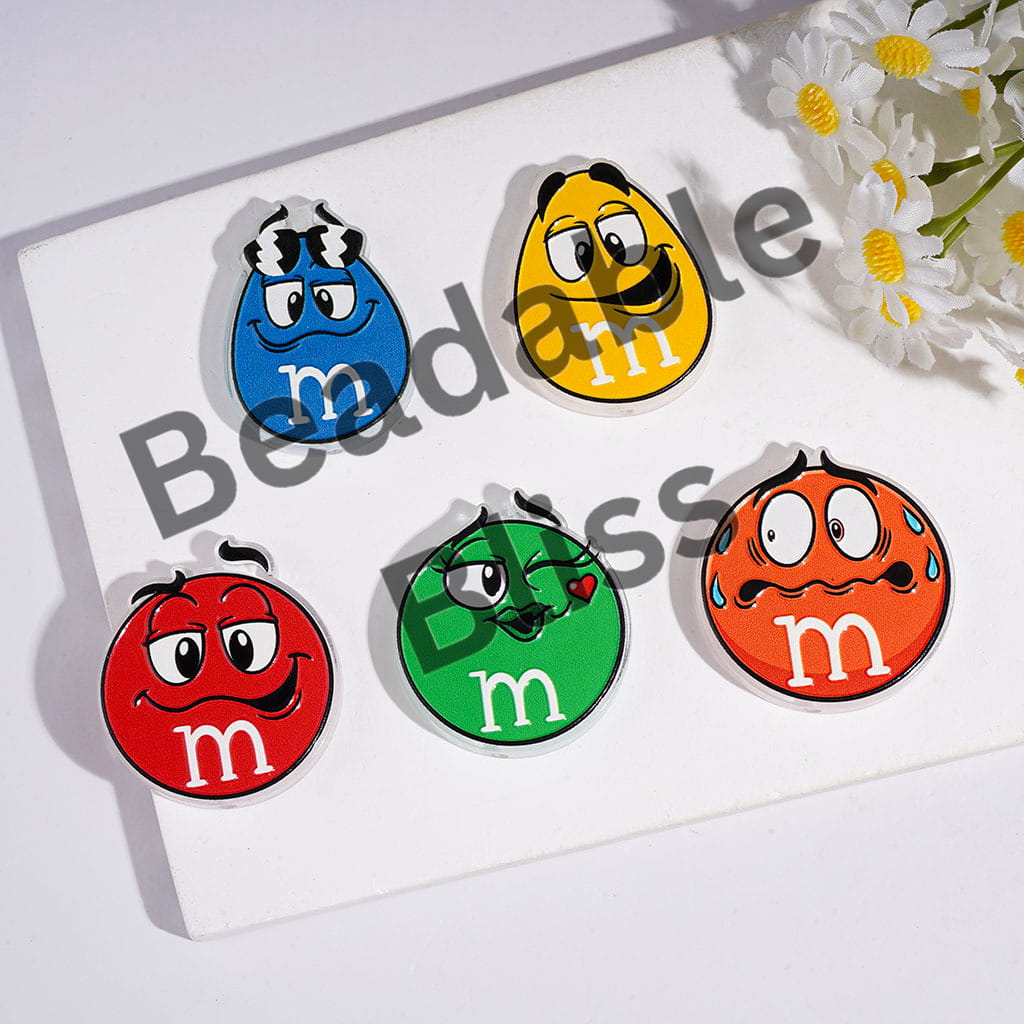 Acrylic Beads with Candy Chip Style in Various Face Expressions Designs, Random Mix Multi-Color